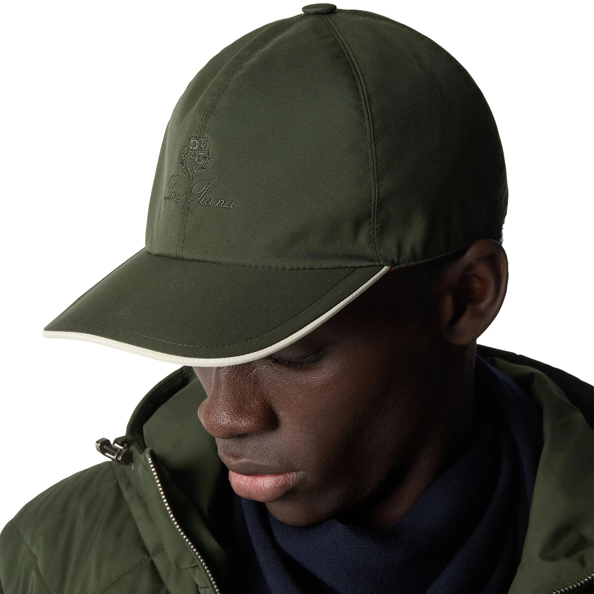 Model View of Loro Piana Microfibre Storm System Ireland Green Ivory Baseball Cap FAP9958_B3MA